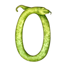 Number zero in the form of a green snake as a symbol of Happy Chinese New Year 2025 according to the zodiac sign of the year of the Snake. Watercolor illustration for templates of card, congratulation