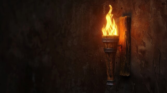 A Blazing Wooden Torch on a Rustic Wall, Torchlight, Dark Background, Wall Sconce, Medieval Lighting,  torch, medieval, wall sconce, dark background