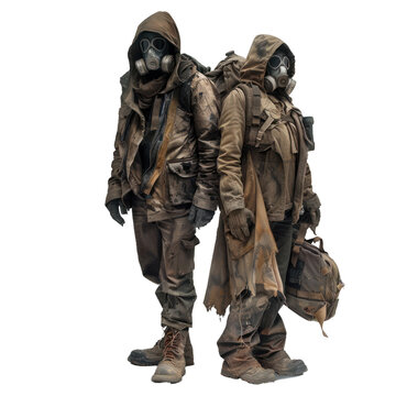 Two characters dressed in distressed survival gear and gas masks stand ready for a dystopian scenario