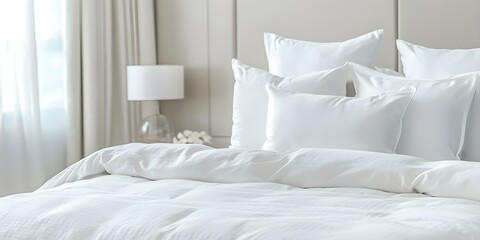 Luxurious Bedroom with White Bedding and Furniture, Including Bed Linen Service. Concept Luxury Bedroom Decor, White Bedding, Furniture, Bed Linen Service