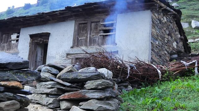 Traditional Himalayan house of uttarakhand and Himachal pradesh made with wood and stone. This style of architecture is called kathkuni style.