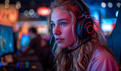 Woman Gaming With Headphones in Arcade