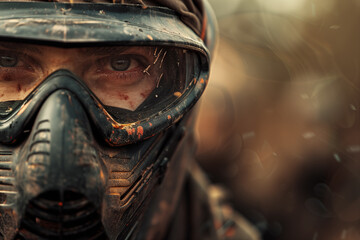 Fototapeta premium Man wearing paintball mask covered in paintball splatters, brown blurred background