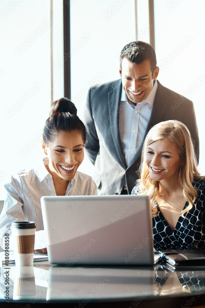 Wall mural man, women and laptop at desk for business, teamwork and planning for project in office. technology,