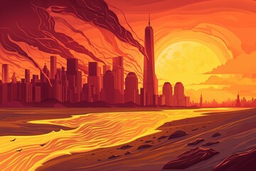 Dystopian sunset cityscape with burning buildings and fiery sky