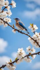 Fototapeta premium Small blue bird perched on a branch with white cherry blossoms against a blue sky with clouds 