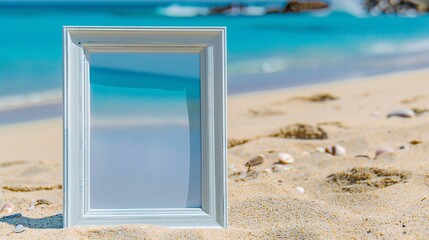 Blank picture frame close up with a vibrant blue background on a sandy beach