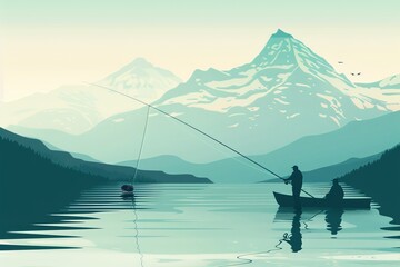 Fishermen with fishing rods in a boat against the backdrop of mountains on a blue background.
