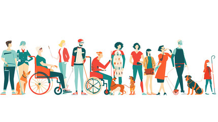 Abstract backgroound a group of diverse people with different disabilities , in a power wheelchair, transparent background, PNG file, Generative AI illustrations.	