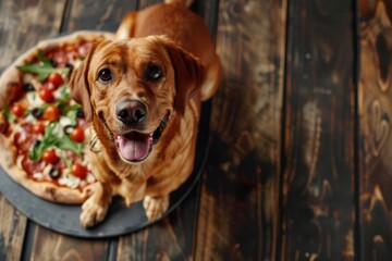 A purebred dog eats pizza with pleasure, copyspace for text
