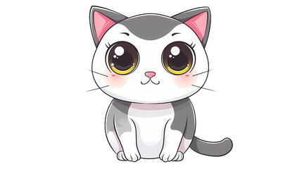 Fototapeta premium A cute kawaii cartoon character of a cat with big eyes, white and grey fur, transparent background, PNG file, Generative AI illustrations. 