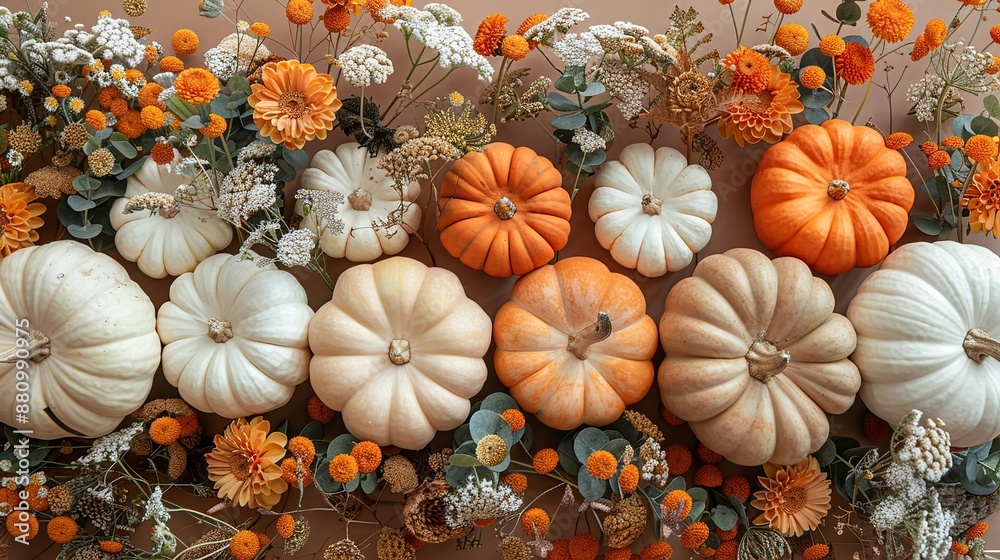 Wall mural orange,white pumpkins,autumn fall decorations on brown background flat lay top view