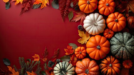 orange,white pumpkins,autumn decor on dark red background happy thanksgiving day banner template flat lay top view