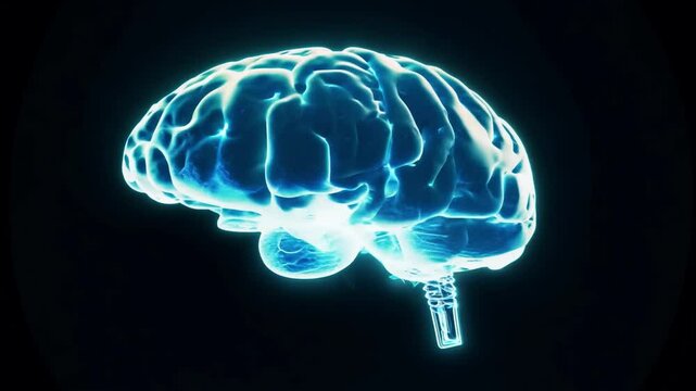Holographic human brain isolated on black background. Medicine and technology concept. Ai-generated.