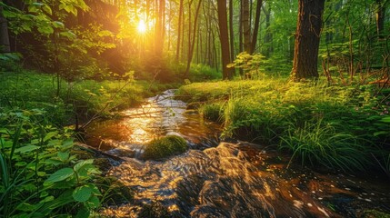 Obraz premium Sunlit Creek in a Tranquil Forest