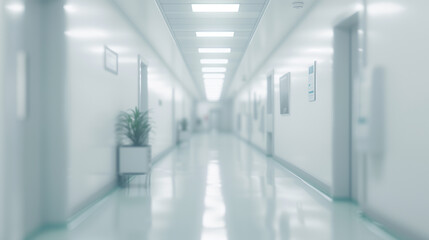 Obraz premium Soft blurred background image showing long bright hospital or clinic corridor
