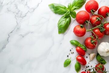 Light kitchen table with tomatoes, berries in a plate, garlic and mint leaves, top view.
