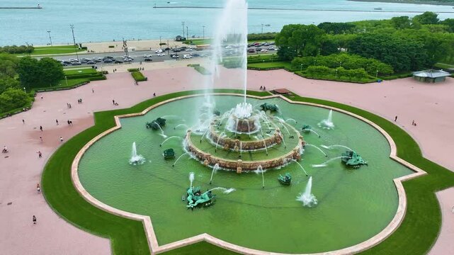 Drone Aerial of Buckingham Fountain, Grant Park in downtown Chicago 4K