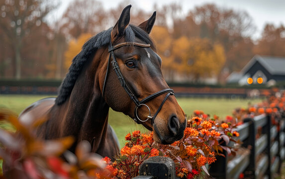Horse Grazing in Autumn. A brown horse with a black bridle grazes on fall foliage near a fence.