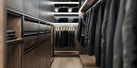 Luxurious dressing room with high-end menswear and accessories. Concept Luxury Menswear, High-End Accessories, Dressing Room, Fashion, Style