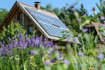 Obraz premium A modern off-grid house with solar panels on the roof with some vibrant purple flowers