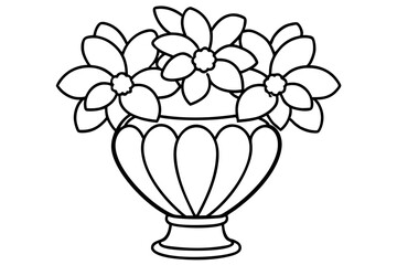 Black and white coloring book drawing, only thick outlines, no grayscale, for kids cartoon style, decorative Verdant Vase with flowers, vector illustration