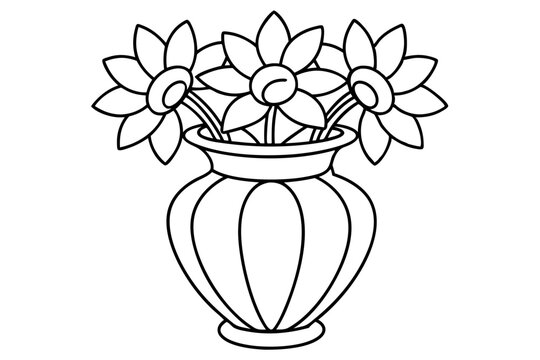 recommend clip art: Black and white coloring book drawing, only thick outlines, no grayscale, for kids cartoon style, decorative Verdant Vase with flowers, vector illustration