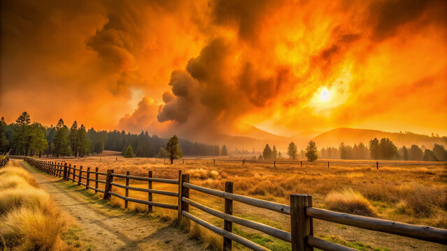 Dramatic orange haze engulfs rural landscape, split log fence stands out against backdrop of smoky sky, devastated by raging wildfires in western states.