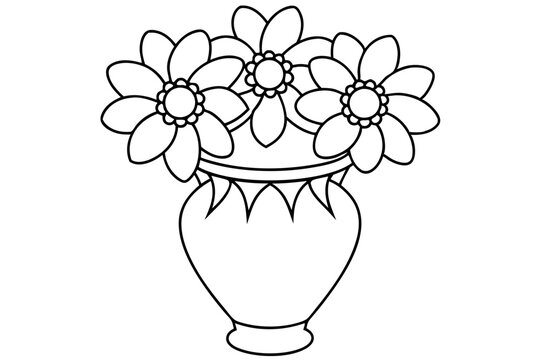 recommend clip art: Black and white coloring book drawing, only thick outlines, no grayscale, for kids cartoon style, decorative Verdant Vase with flowers, vector illustration