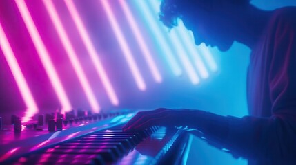 Silhouette of man playing synthesizer with neon lights background, creating an atmospheric and futuristic music scene.
