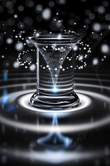 A mesmerizing digital art depiction of a swirling vortex in a glass structure surrounded by glowing particles and rippling waves.