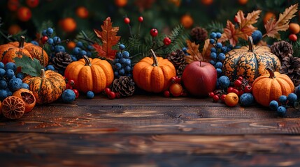 pumpkins,fall decor on rustic wooden table top view happy thanksgiving greeting card template