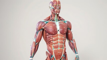 3D-rendered muscular system with labeled muscles, Human Body Anatomy, comprehensive anatomy study guide