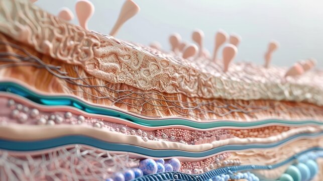 3D-rendered skin layers showing epidermis, dermis, and hypodermis, Human Body Anatomy, dermatological reference