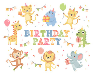 Childrens set with cute animals. Happy birthday party, baby animals in party hats, cakes, gift boxes, balloons. Illustrations for birthday cards, stickers