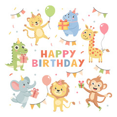 Childrens set with cute animals. Happy birthday party, baby animals in party hats, cakes, gift boxes, balloons. Illustrations for birthday cards, stickers