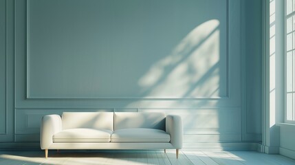 Minimalist White Sofa in Light-Filled Room with Teal Walls,  white sofa, minimalist interior,  teal walls,  sunlight,  light and airy