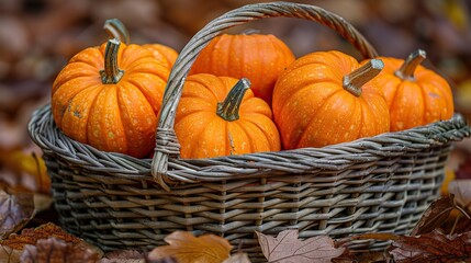 ripe pumpkins in basket on ground,fall leaves