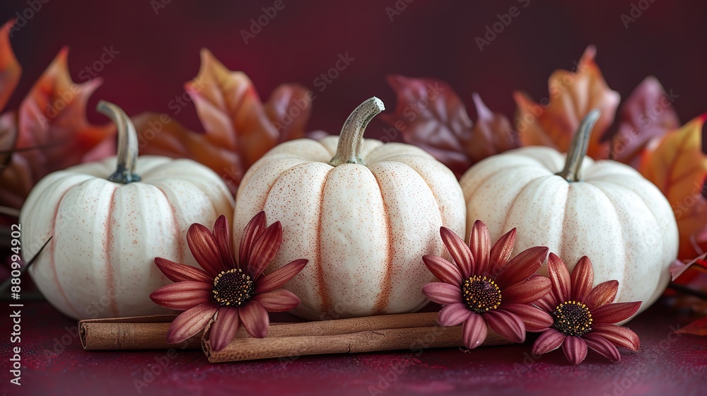 Poster row of white decorative pumpkins cinnamon sticks fall decorations flowers on dark red background hap