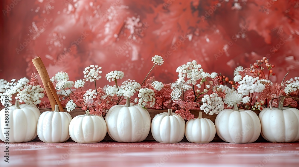 Wall mural row of white decorative pumpkins cinnamon sticks fall decorations flowers on dark red background happy thanksgiving day harvest autumn fall concept