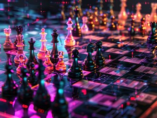 Chessboard with Neon Lights and Circuit Board