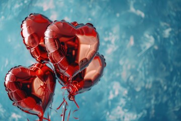 Naklejka premium A cluster of red heart-shaped balloons drifting through the air, ideal for romantic occasions or as a decorative element