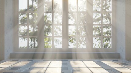 Fototapeta premium Sunbeams Through a Window, White Walls, Tiled Floor, Light and Shadow, Interior Design , window light, sun rays, sunlight, tiled floor