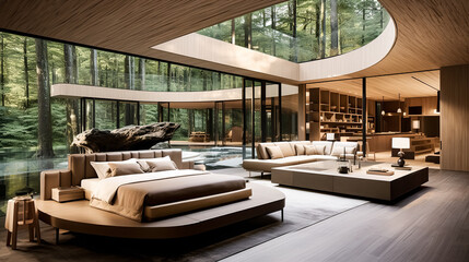 Futuristic interior design of modern bedroom with forest view