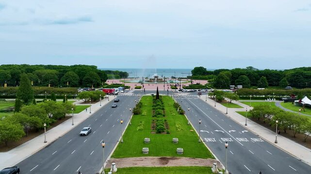 Drone Aerial of Buckingham Fountain, Grant Park in downtown Chicago 4K