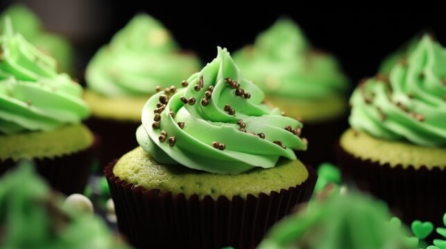 Close-up shot of colorful cupcakes with green frosting and sprinkles, ideal for food blog, recipe website or social media post