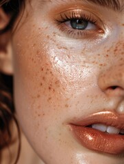 Fototapeta premium Close-up portrait of a woman with distinctive freckles on her face
