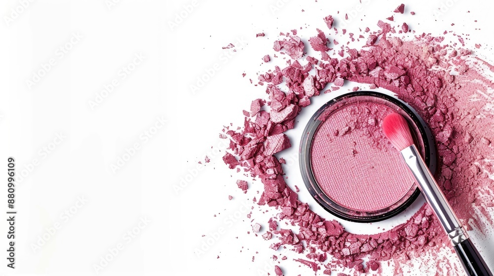 Sticker Pink eye shadows and brush isolated on white background with space for text