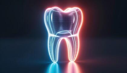 Naklejka premium Futuristic glowing tooth hologram on dark background. Concept of dental technology and innovation in oral health.