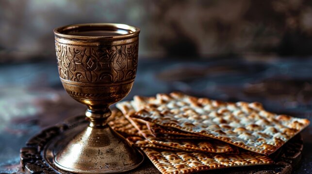 A bronze cup with red wine is next to the matzo table.